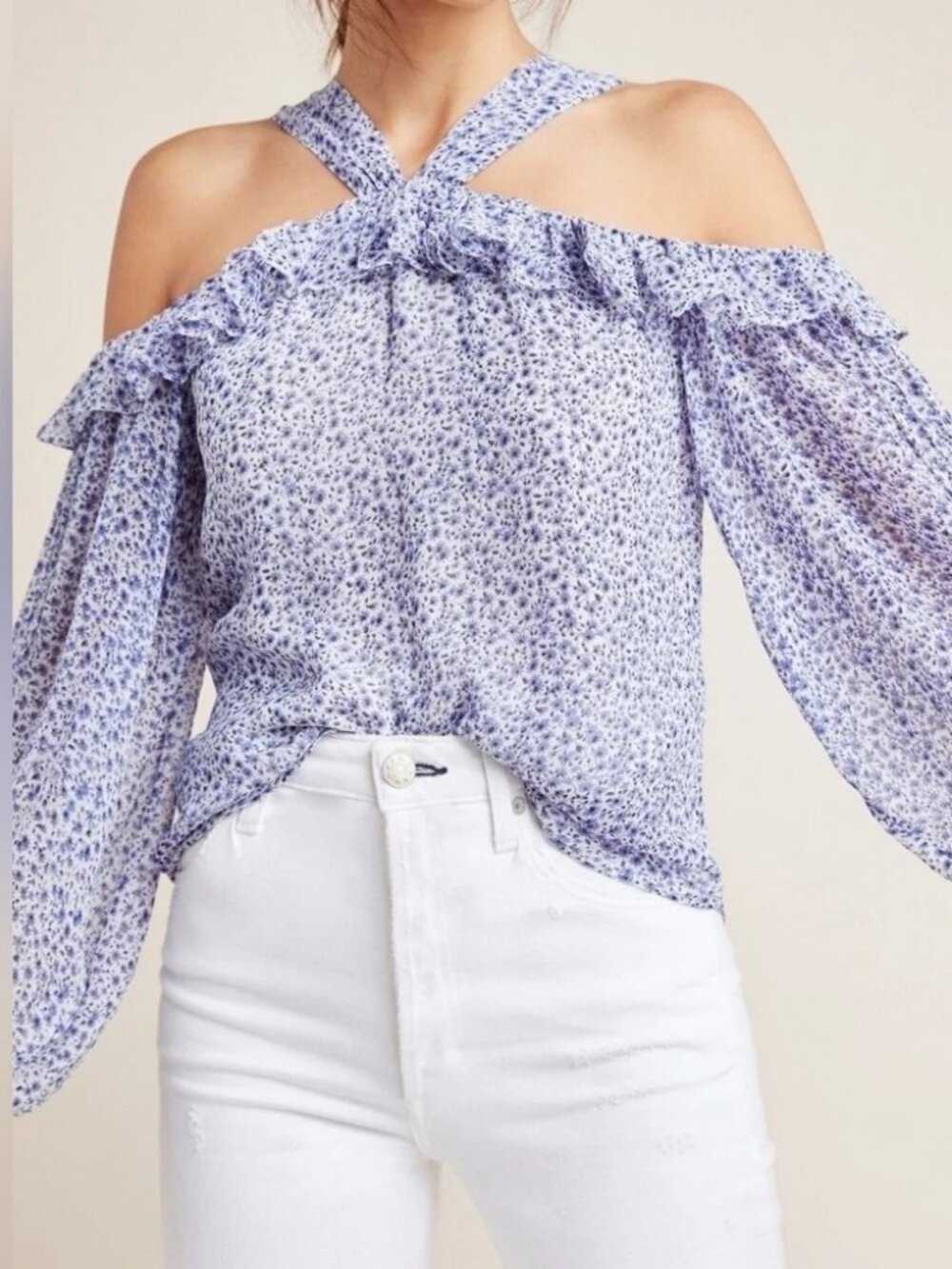 Anthropologie Caia Open-Shoulder Ruffled Blouse, Blue & White.  Size 14